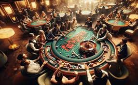 Studio kasino langsung dengan meja roulette dan dealer profesional berseragam formal